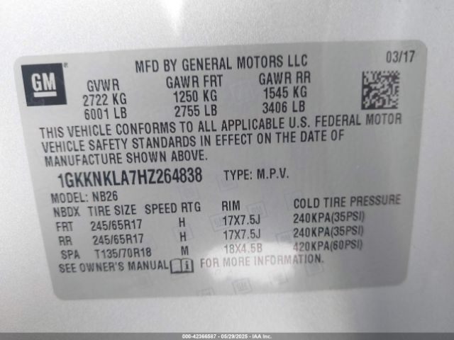 1GKKNKLA7HZ264838 GMC Acadia Sle-1