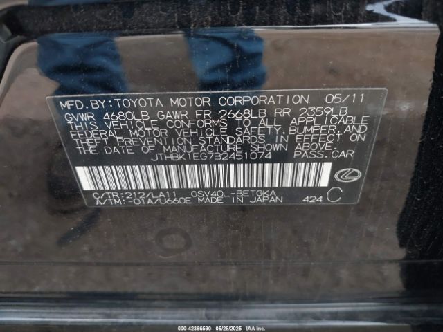 2011 LEXUS ES 350 JTHBK1EG7B2451074 Photo 8