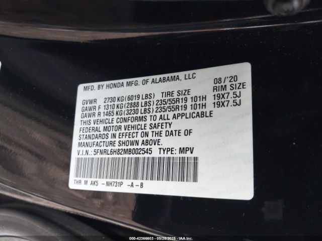 5FNRL6H82MB002545 Honda Odyssey Touring