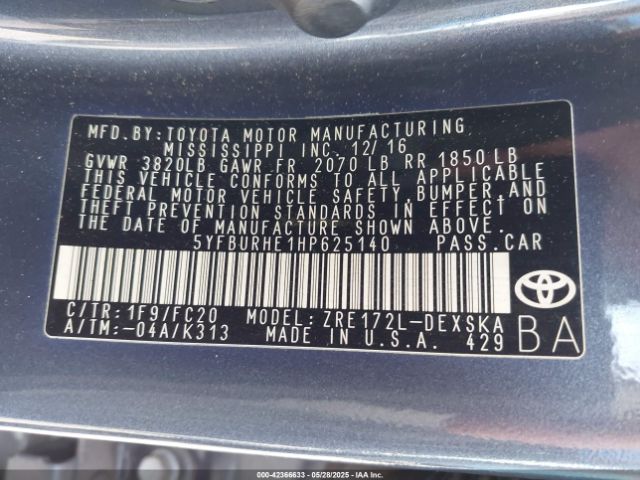 5YFBURHE1HP625140 Toyota COROLLA SE