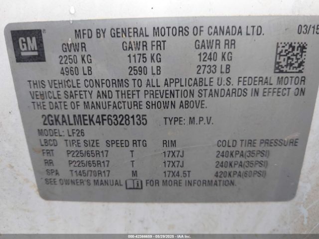 2GKALMEK4F6328135 GMC lea - flex fuel (gas/alc), aluminum, ho,