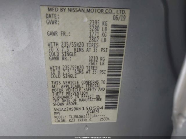 5N1AZ2MS9KN150594 Nissan Murano Platinum
