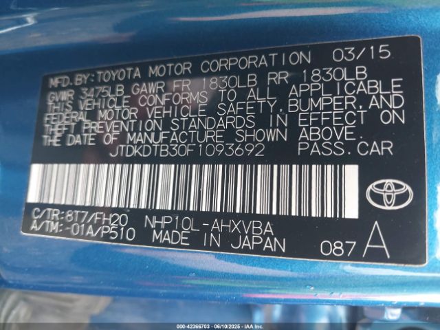 JTDKDTB30F1093692 Toyota 1nz-fxe+1lm