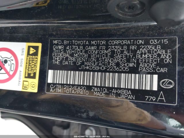JTHKD5BH0F2236205 Lexus CT 200H