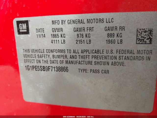 1G1PE5SB9F7138866 Chevrolet Cruze 2lt Auto