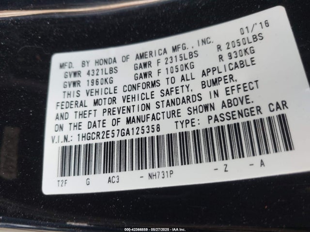1HGCR2E57GA125358 Honda k24w1