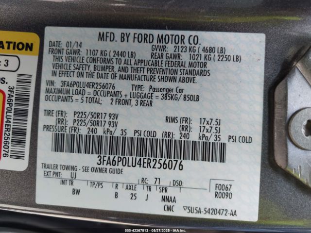 3FA6P0LU4ER256076 Ford Fusion Hybrid Se
