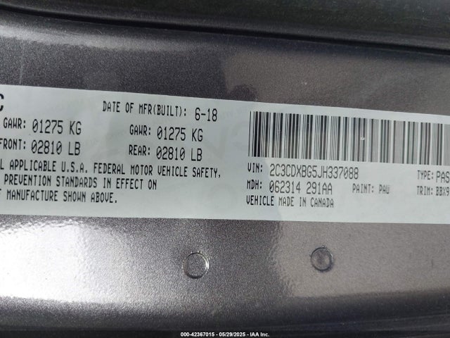 Aukcja sprzedaży 2018 Dodge Charger Sxt Rwd, vin: 2C3CDXBG5JH337088, numer aukcji: 42367015