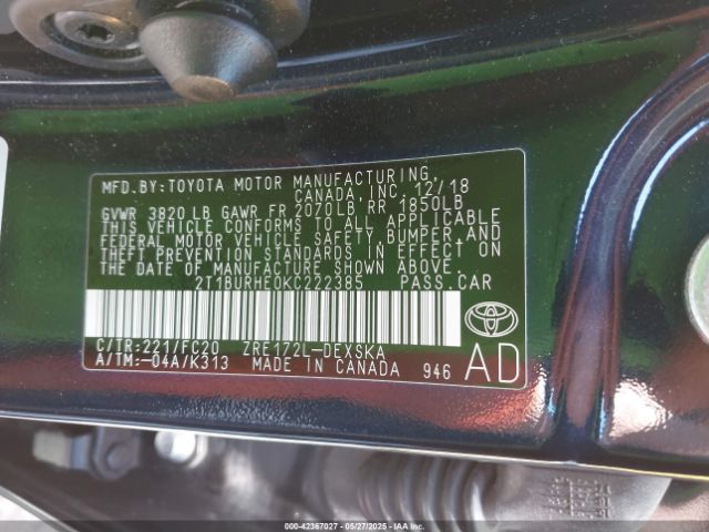 2T1BURHE0KC222385 Toyota COROLLA SE