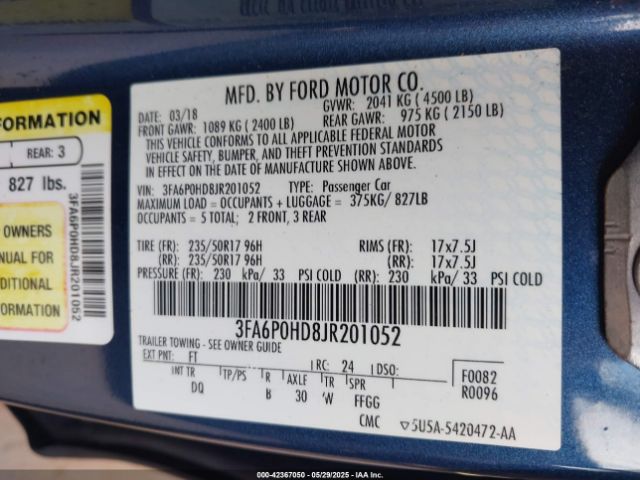 3FA6P0HD8JR201052 Ford FUSION SE