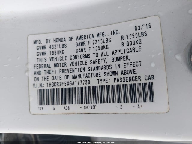 1HGCR2F5XGA177730 Honda k24w1