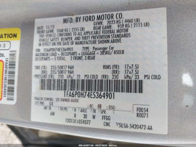1FA6P0H74E5364901 Ford FUSION SE