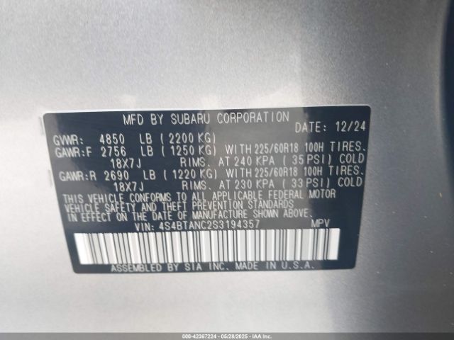 2025 SUBARU OUTBACK 4S4BTANC2S3194357 Photo 8
