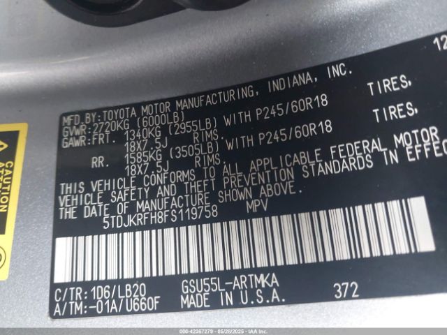 5TDJKRFH8FS119758 Toyota Highlander Xle V6