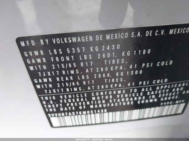 2019 VOLKSWAGEN TIGUAN 3VV0B7AX7KM031438 Photo 8