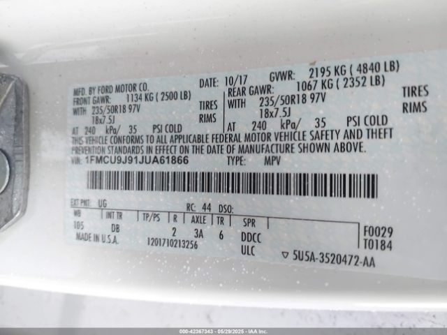 1FMCU9J91JUA61866 Ford Escape Titanium