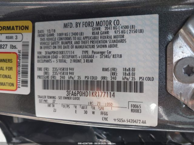3FA6P0HD1KR177114 Ford FUSION SE