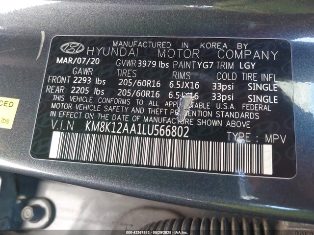 KM8K12AA1LU566802 Hyundai mpi nu