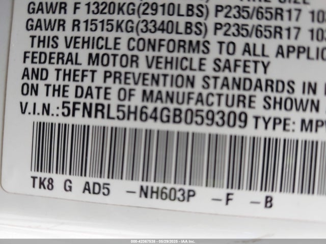 5FNRL5H64GB059309 Honda Odyssey Ex-l