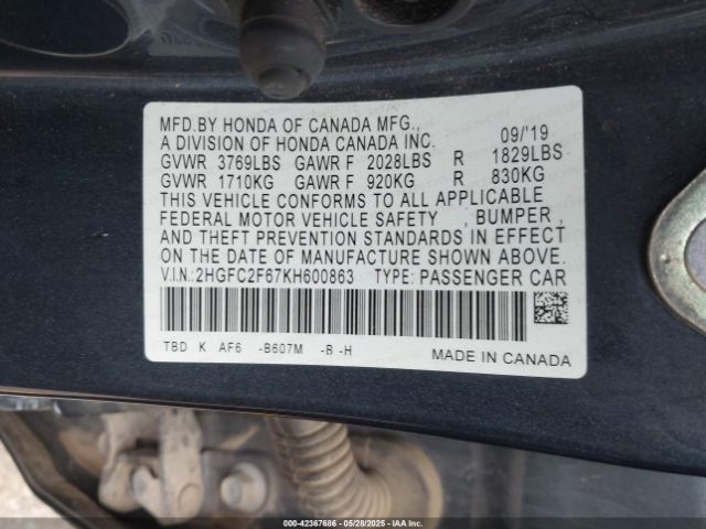 2019 HONDA CIVIC 2HGFC2F67KH600863 Photo 8
