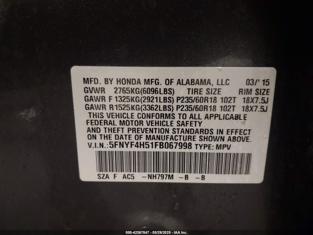 Honda Pilot Ex-l 2015 5FNYF4H51FB067998 Image 9
