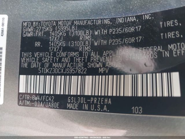 5TDKZ3DCXJS957822 Toyota Sienna Le 8 Passenger