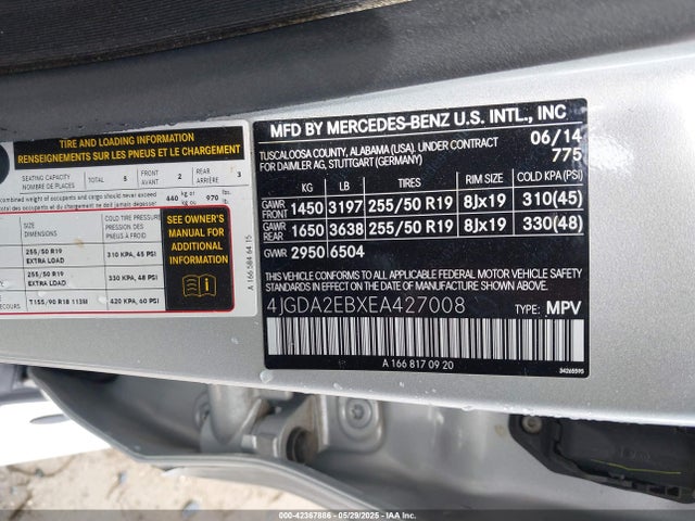 2014 Mercedes-benz Ml 350 Bluetec 4matic მანქანა იყიდება აუქციონზე, vin: 4JGDA2EBXEA427008, აუქციონის ნომერი: 42367886