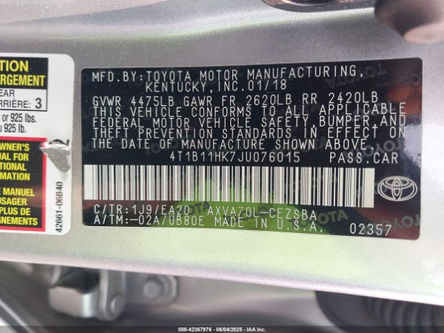 2018 TOYOTA CAMRY 4T1B11HK7JU076015 Photo 8