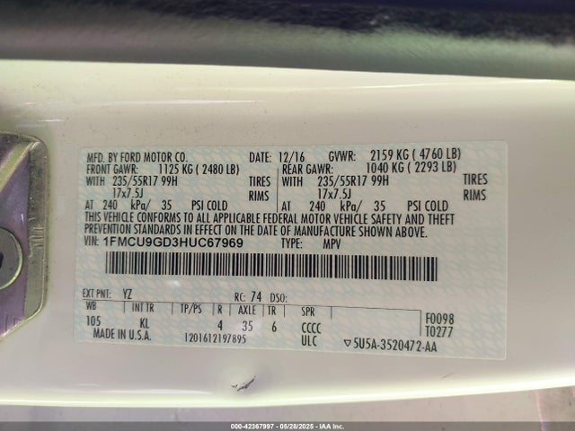 Ford ESCAPE SE 2017 1FMCU9GD3HUC67969 Image 9