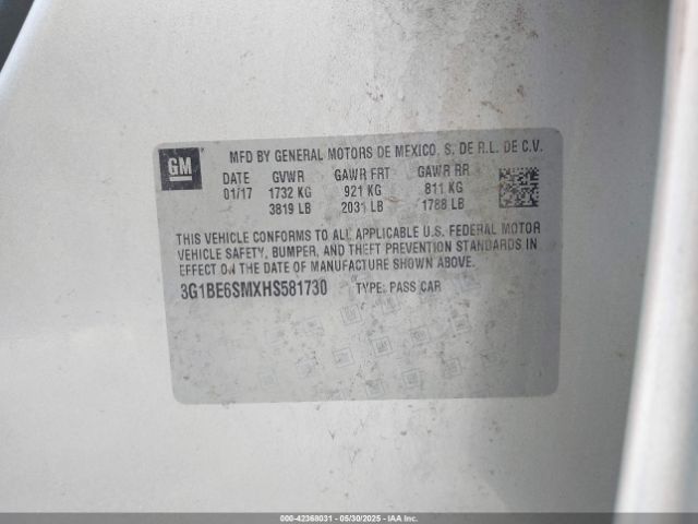 3G1BE6SMXHS581730 Chevrolet Cruze Lt Auto