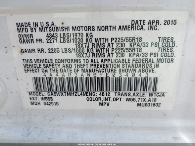 4A4AR3AW6FE034043 Mitsubishi Outlander Sport Es