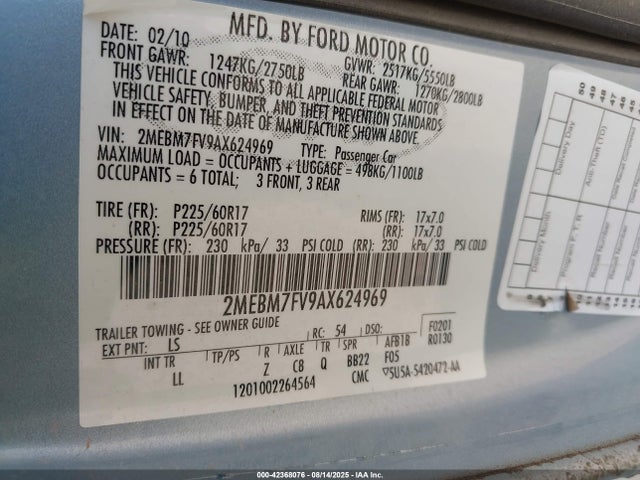 Продажа на аукционе авто 2010 Mercury Grand Marquis Ls (fleet Only), vin: 2MEBM7FV9AX624969, номер лота: 42368076
