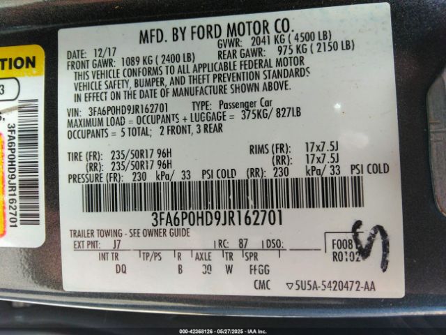 3FA6P0HD9JR162701 Ford FUSION SE