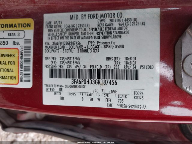 3FA6P0HD3GR187456 Ford FUSION SE