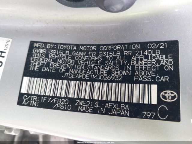 JTDEAMDE1MJ026932 Toyota Corolla Hybrid Le