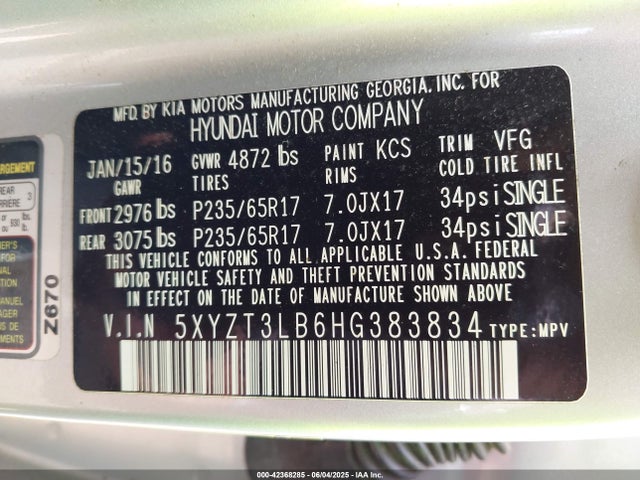 5XYZT3LB6HG383834 Hyundai gdi theta ii