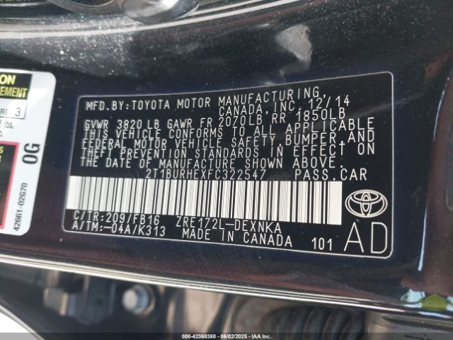 2T1BURHEXFC322547 Toyota Corolla Le Plus
