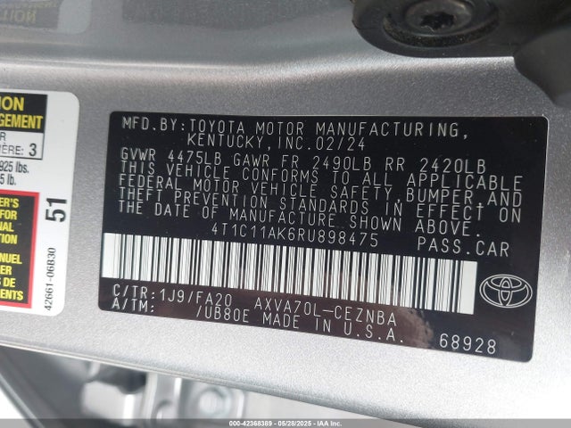 4T1C11AK6RU898475 Toyota a25a-fks
