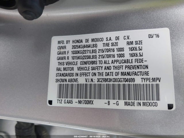 3CZRM3H3XGG704699 Honda k24w9/k24v1