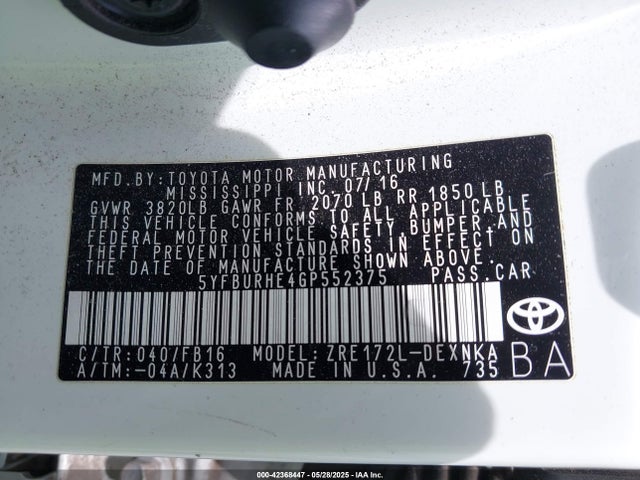 5YFBURHE4GP552375 Toyota Corolla L/le/le Plus/le Premium/s/s Plus/s Premium/s W/special Edition Pkg