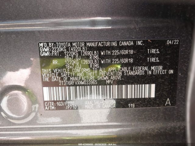 2T3T6RFVXNW033965 Toyota Rav4 Hybrid Se