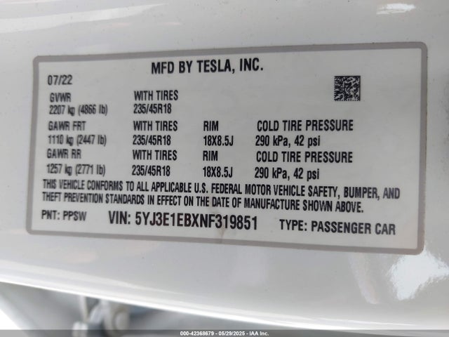 2022 TESLA MODEL 3 5YJ3E1EBXNF319851 Photo 8