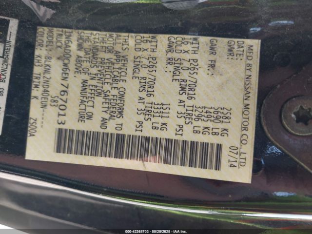 1N6AD0CW6EN767013 Nissan Frontier Sv