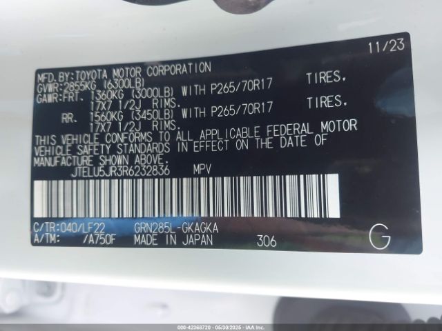 JTELU5JR3R6232836 Toyota 4runner Sr5 Premium/trd Sport/trd Off Road Premium/trd Pro