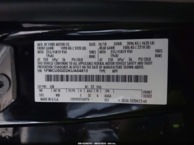 1FMCU0GD2KUA04813 Ford ESCAPE SE