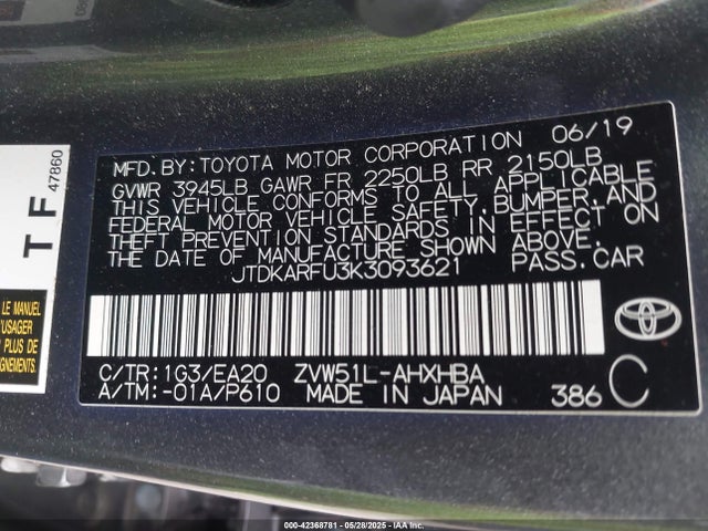 JTDKARFU3K3093621 Toyota 2zr-fxe,1nm+1mm