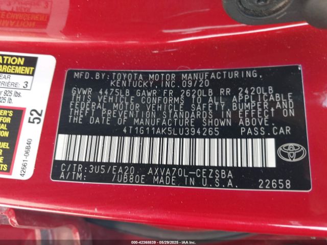 2020 TOYOTA CAMRY 4T1G11AK5LU394265 Photo 8