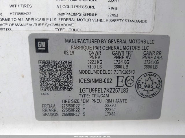 1GTU9FEL7KZ257183 GMC l87 - di dfm, alum, gen 5