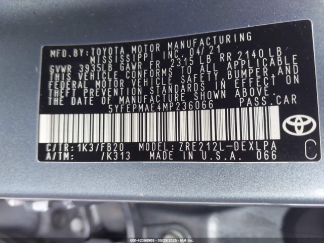 2021 TOYOTA COROLLA 5YFEPMAE4MP236066 Photo 8