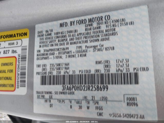 2018 FORD FUSION 3FA6P0HD2JR258699 Photo 8